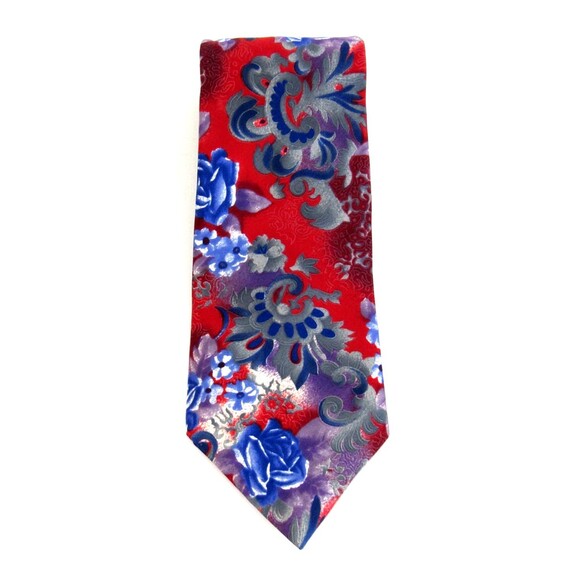 Vintage Oleg Cassini Men's Neck Tie Italian Silk Red Blue Floral Made in USA - Picture 1 of 5